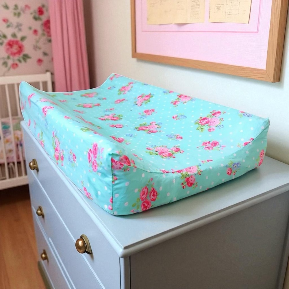 Teal Floral & Polka Dot Changing Pad Cover - Cotton